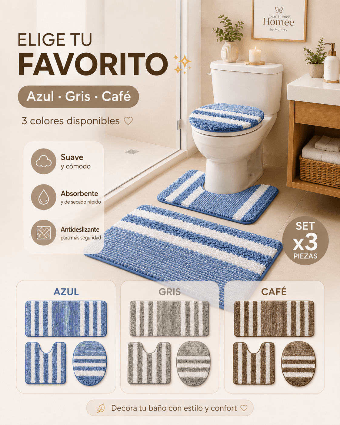 Juego de Baño Dear Homee colores azul gris y café