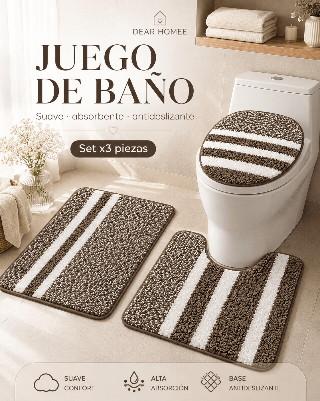 Juego de Baño Dear Homee suave absorbente y antideslizante set x3 piezas
